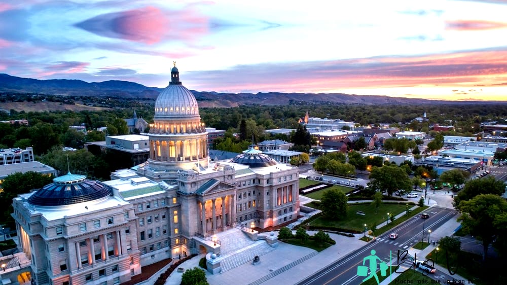 Aerial shot of the Boise Capital building at night - Seattle To Yellowstone Road Trip