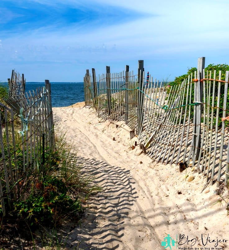 Best Time to Visit Cape Cod - Beach fence with shadows at the entrance to the sea