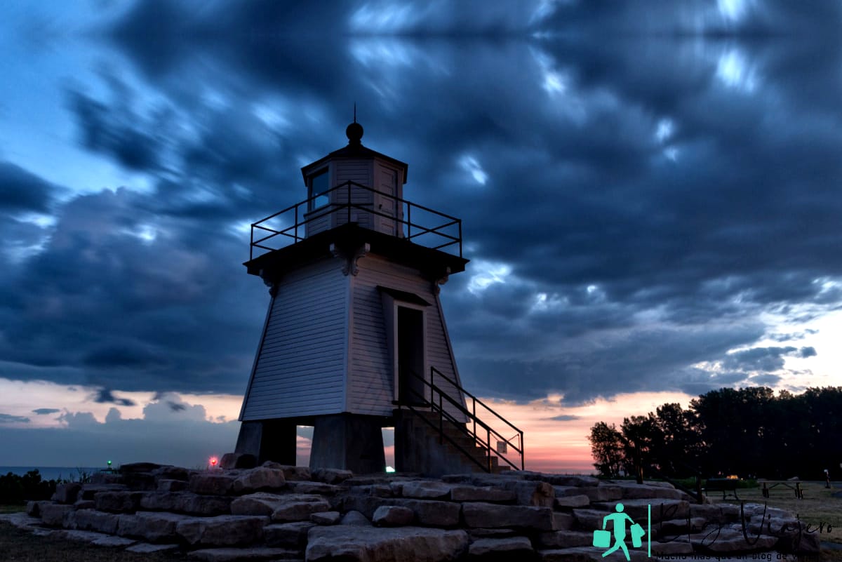 Hermoso, Port Clinton, faro, puesta de sol nocturna