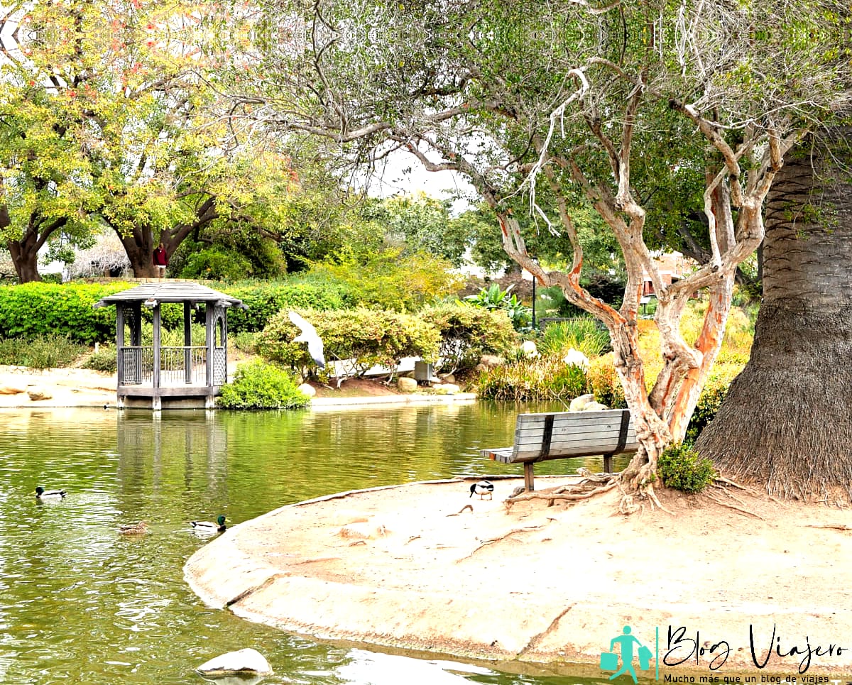 Banco de jardín botánico y estanque escénico en Santa Bárbara, California.