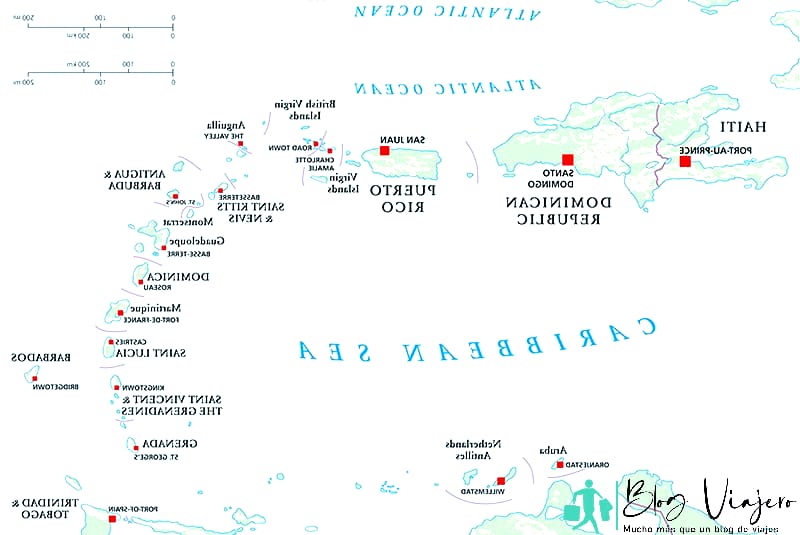 Antillas Menores, Haití, República Dominicana - Mapa político con las capitales, fronteras nacionales, ríos y lagos.